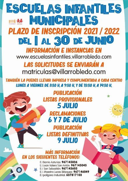 Del 1 al 30 de junio se abre el plazo de inscripción en las Escuelas Infantiles Municipales para el curso 2021/2022  en Villarrobledo